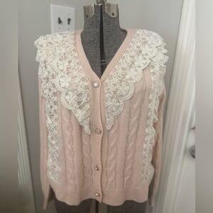 Women’s Pink Cardigan Sweater with Lace Bib Detail size Large
